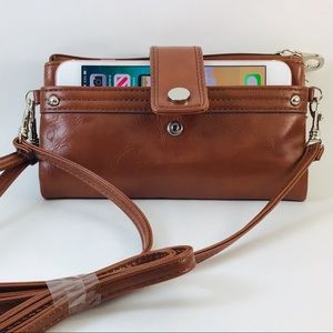 Brown crossbody Purse glasses holder Wristlet